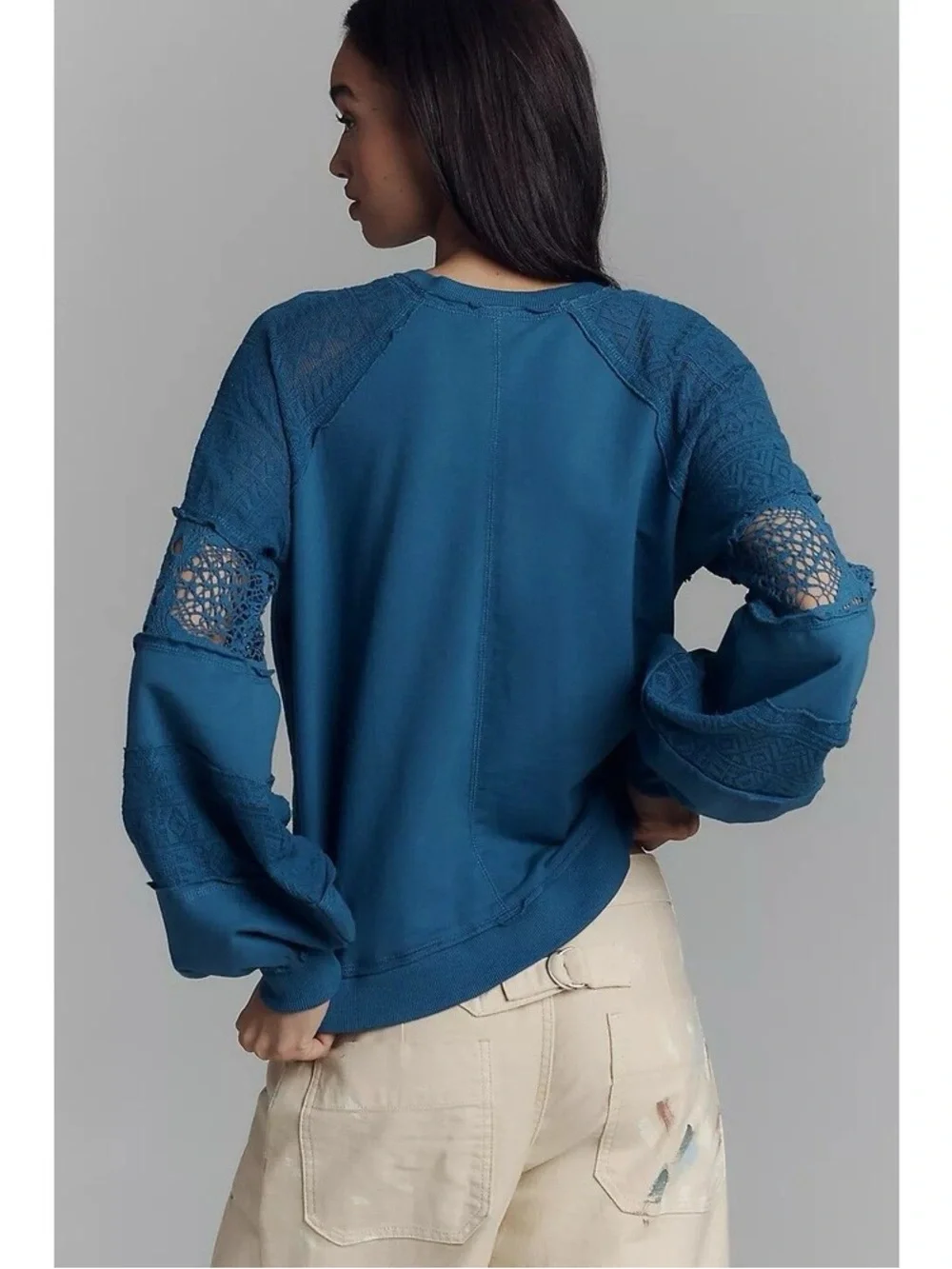 Nwot Anthropologie Teal Lace-Trim Long Sleeve Pullover
